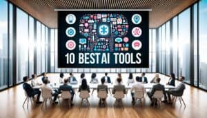 Een groep mensen in zakelijke kleding zit rond een vergadertafel in een modern kantoor en bekijkt een groot scherm met daarop "10 Best AI Tools" met kleurrijke technologie-iconen die een hersenvorm vormen.