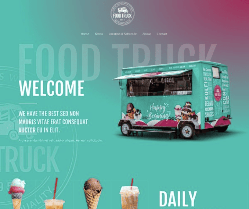 Op de homepage van een kleurrijke website staat een groenblauwe en roze foodtruck met afbeeldingen van desserts. Grote tekst luidt Welkom en kleinere tekst geeft een korte introductie. Onderaan staan ijshoorntjes. De links naar het hoofdmenu staan bovenaan.