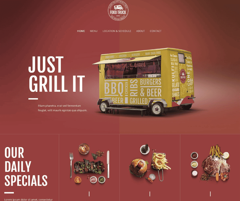 Een gele foodtruck met woorden over grillen op de zijkant staat op een rode achtergrond, naast de tekst Just Grill It. Daaronder staan afbeeldingen van gegrilde maaltijden en Onze Dagelijkse Aanbiedingen op een verdeeld rood paneel.