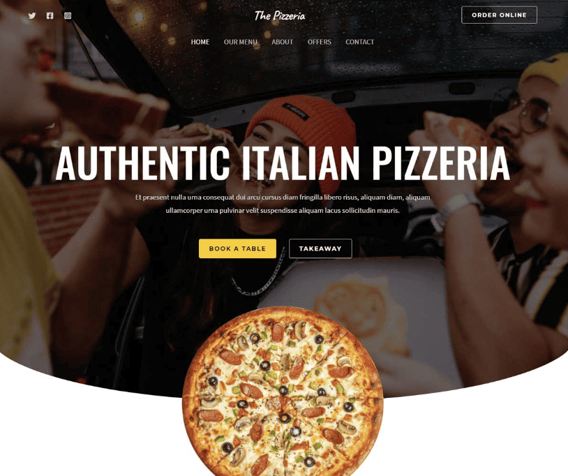 Homepage van een pizzeria-website met mensen die pizza eten op de achtergrond, vetgedrukte tekst "Authentic Italian Pizzeria" en een pizza-afbeelding onderaan. Op de knoppen staat Reserveer een tafel en Afhaalmaaltijden.