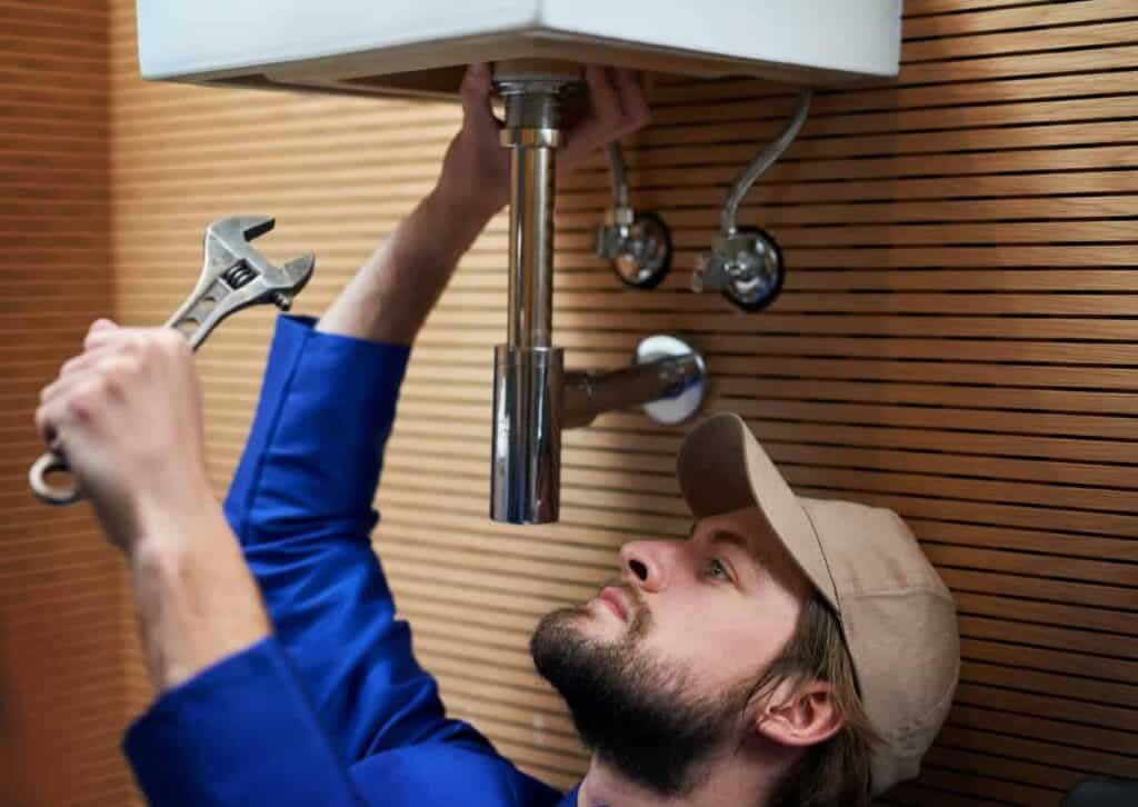 Een loodgieter in een blauw uniform en een beige pet gebruikt een moersleutel om de leidingen onder een wastafel te repareren, terwijl hij werkt in een badkamer met houten wanden.