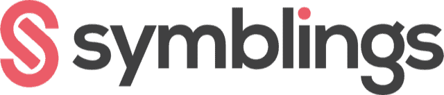 Logo met een gestileerde roze S in een cirkel, gevolgd door het woord symblings in vette, zwarte kleine letters; de punt boven de i is roze.