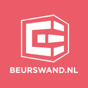 Een wit geometrisch kubuslogo met de letters B en W op een rode achtergrond, boven de tekst BEURSWAND.NL in vette witte hoofdletters.