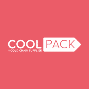 Logo voor CoolPack Cold Chain Supplier op een roze achtergrond. COOL staat in vette witte letters, PACK staat in de vorm van een witte pijl en COLD CHAIN SUPPLIER staat in kleine witte tekst onder COOL.