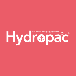 Hydropac logo met de tagline Insulated Shipping Systems op een roze achtergrond. De o in Hydropac heeft een sneeuwvlok binnenin, als symbool voor temperatuurregeling.