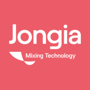 Witte tekst op een roze achtergrond luidt Jongia Mixing Technology, met een witte abstracte vorm die lijkt op een gestileerd mengmes onder Jongia.