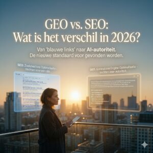 Een vrouw staat op een dak bij zonsondergang en houdt een tablet vast. Zwevende tekst in het Nederlands bespreekt de verschillen tussen SEO en GEO in 2026 en benadrukt een verschuiving van traditioneel zoeken naar AI-gebaseerde autoriteit.